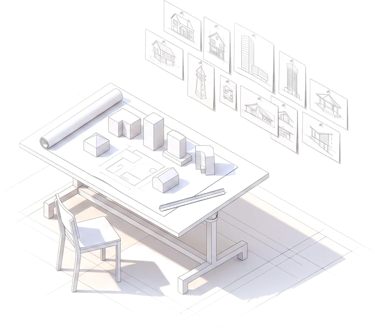 Isometrische Zeichnung eines Architektentischs mit Bauplan, Modellen und Entwürfen an der Wand.