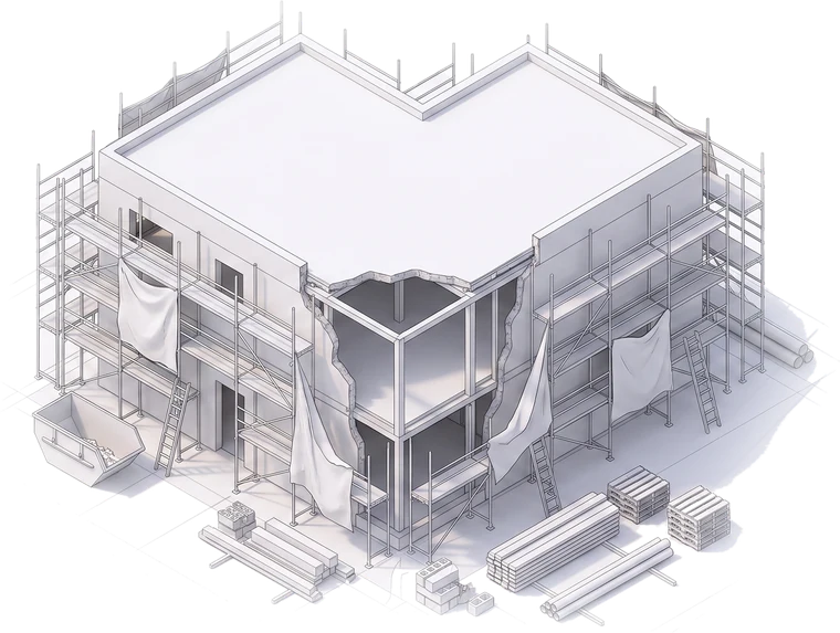 Isometrische Zeichnung eines eingerüsteten Hauses im Umbau, mit Baumaterial davor.